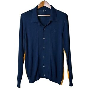 Opening Ceremony Men's Large Knit Collared Cardigan Color Block Navy Blue Orange